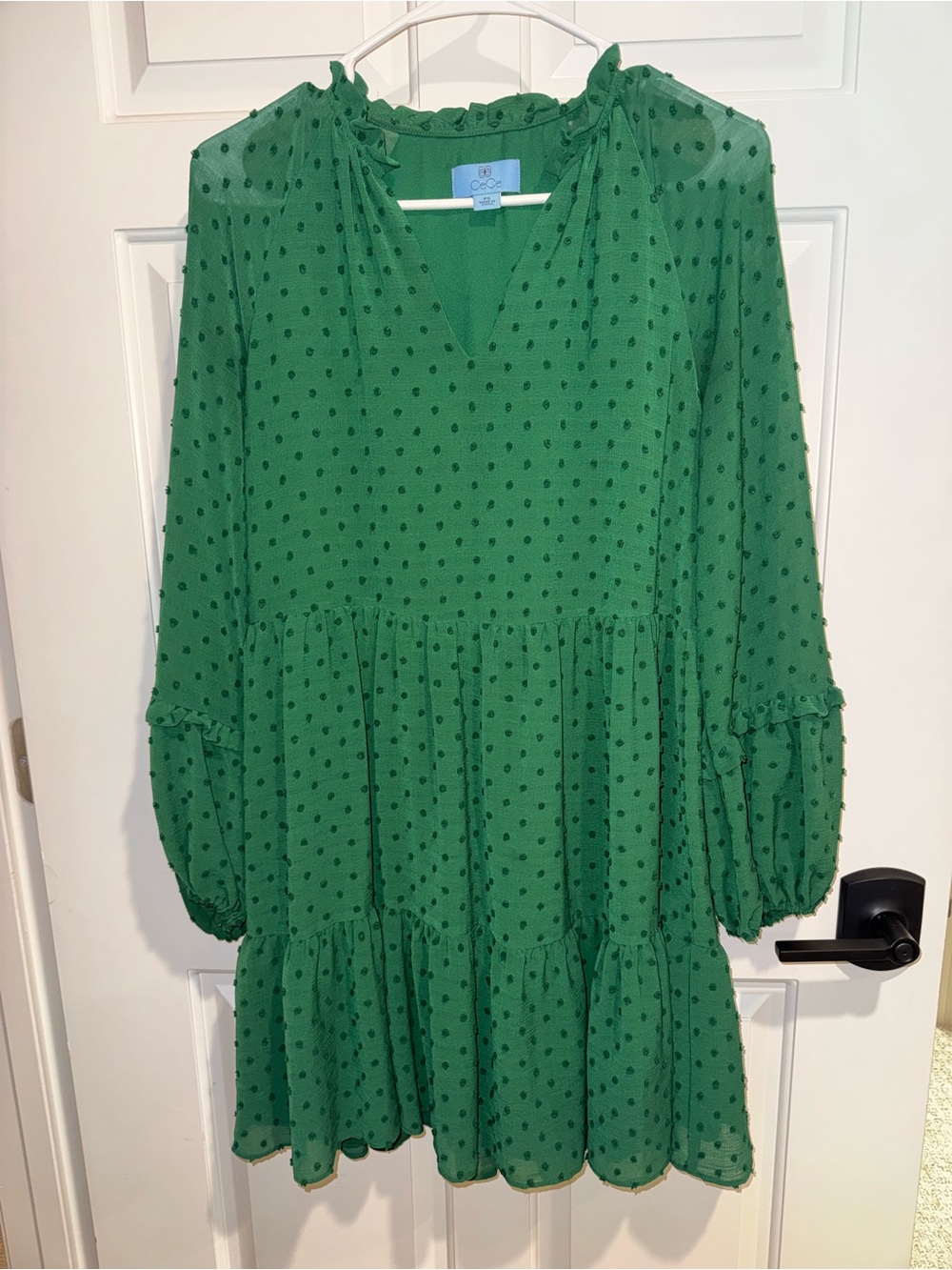 CeCe Green Polka Dot Tiered Long Sleeve Dress